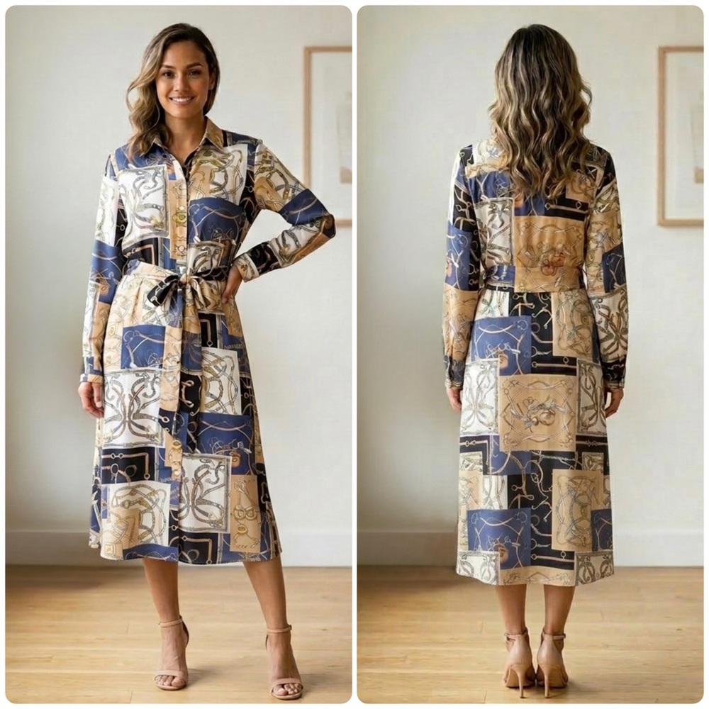 J. McLaughlin Equestrian Silk Blend Shirt Dress Tie Belt Midi Sz Small Old Money